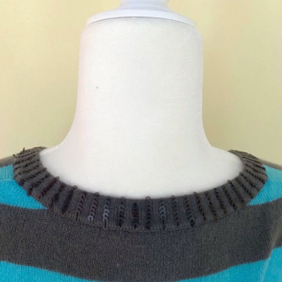 Autumn Cashmere 100% Stripe Beaded Long Sleeve Tunic Sweater Turquoise Gray - Picture 7 of 10
